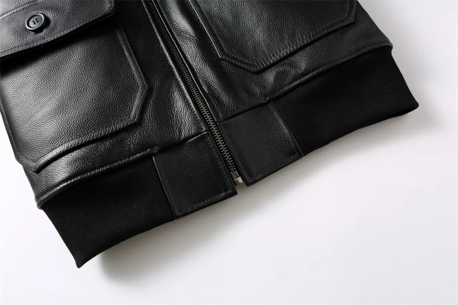 Black Winter Leather Jacket Men Retro Style Europe Size Genuine Natural Thick Cowhide Turn-Down Collar G1 Flight Coat