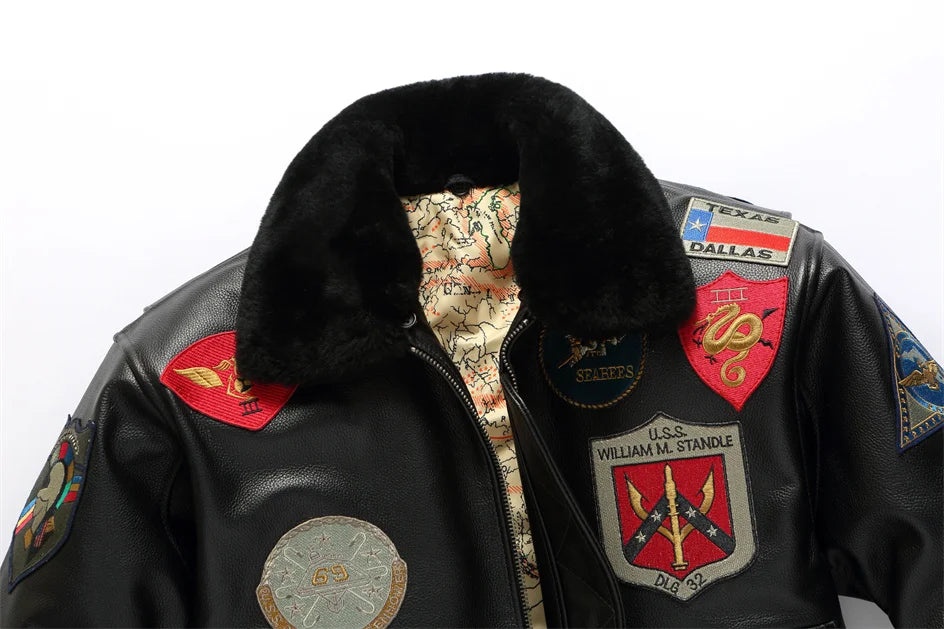 Dark Brown Pilot Leather Jacket Men Retro Style Genuine Natural Thick Cowhide Wool Collar Winter Military G1 Flight Coat