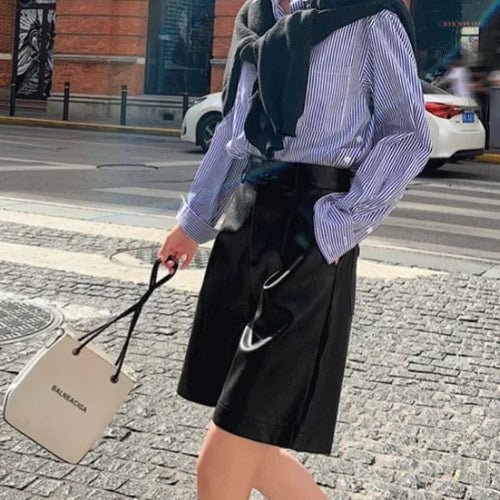 2025 PU Leather Shorts Women's Autumn Winter Loose A-Line High Waist Wide Leg Five-Quarter Length Slimming Comfortable Casual
