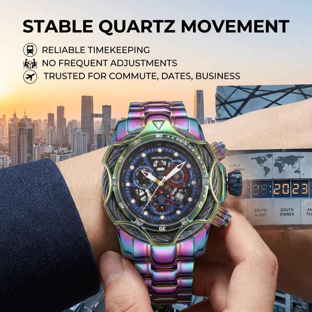 1pc Iridescent Color Changing Metal Strap Watch Mechanical Hollow Dial Chronograph Fashion Trendy Wristwatch For Men Women Daily