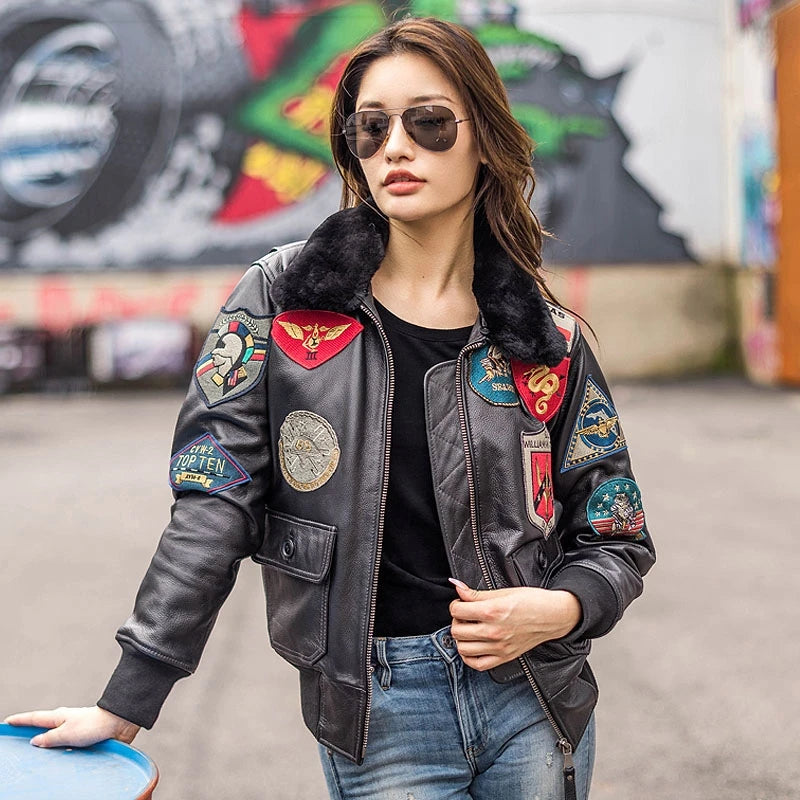 Women Winter Leather Jacket Military Style Genuine Natural Thick Cowhide Wool Turn-Down Collar Dark Brown G1 Flight Coat