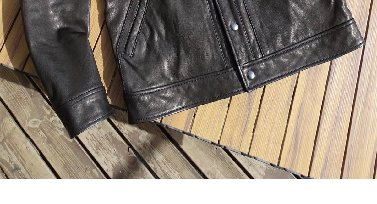 Black Autumn Leather Jacket Men Casual Style American Size Genuine Natural Sheepskin Turn-Down Collar Single Breasted Denim Coat