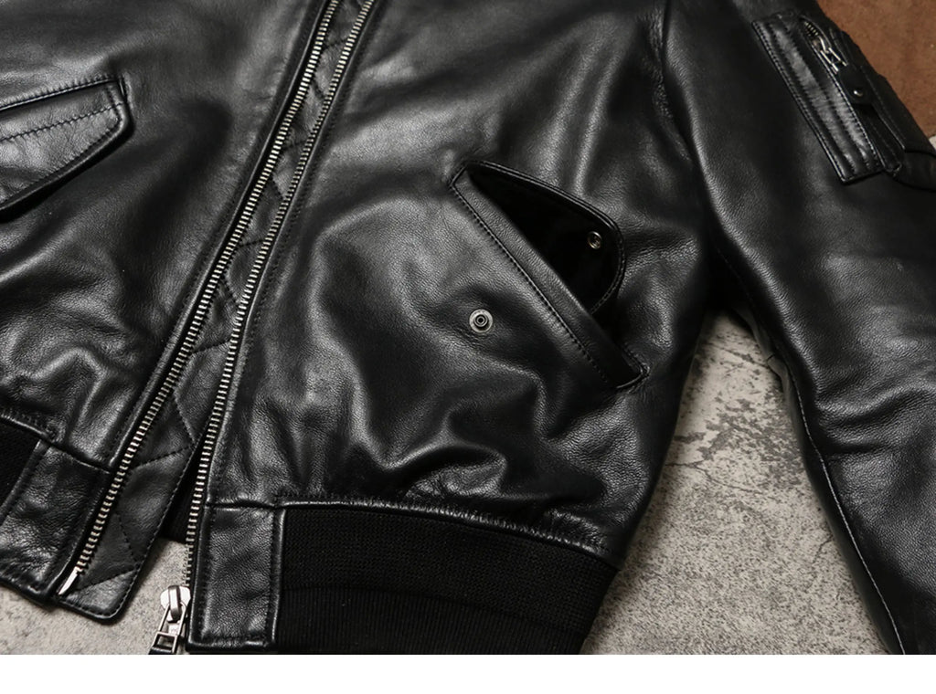 Black Winter Leather Jacket Men Military Style Plus Size 5XL Genuine Natural Sheepskin Thick Warm MA1 Flight Leather Coat