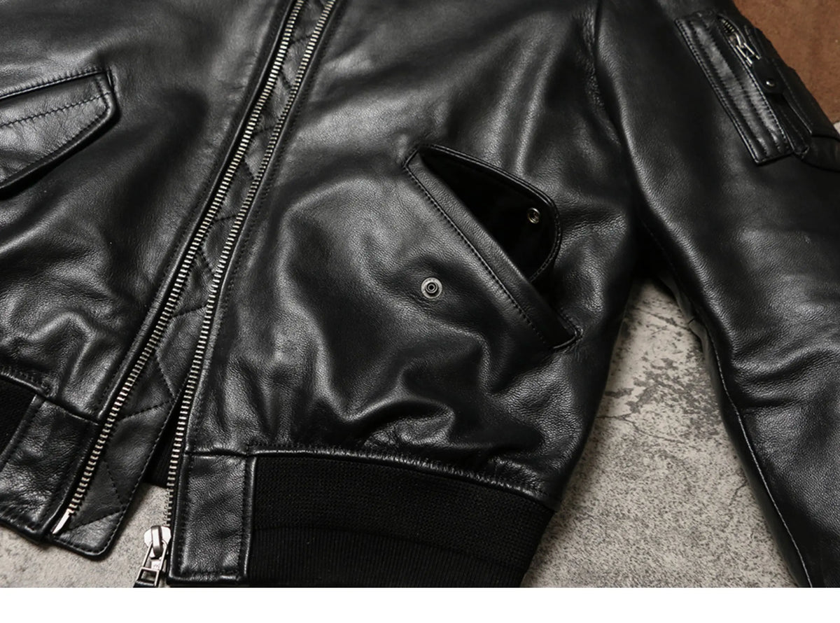 Black Winter Leather Jacket Men Military Style Plus Size 5XL Genuine Natural Sheepskin Thick Warm MA1 Flight Leather Coat