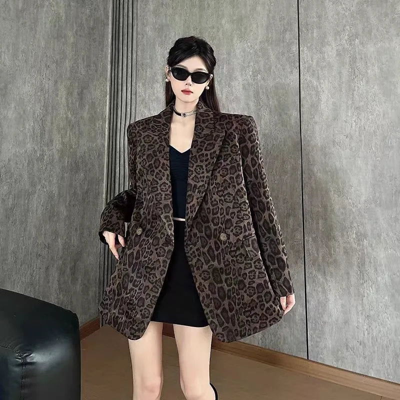 Ladies' Long Sleeve Leopard Print Suit Jacket Hepburn Style Casual Leisure Fashionable Mid-Length Coat Elegant Commute