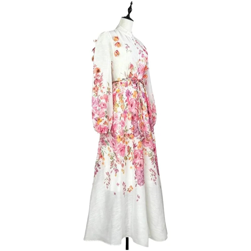 Elegant Street Style Long Dress with Lantern Sleeves Single Button Stand Collar Floral Print High-End Feeling for Ladies