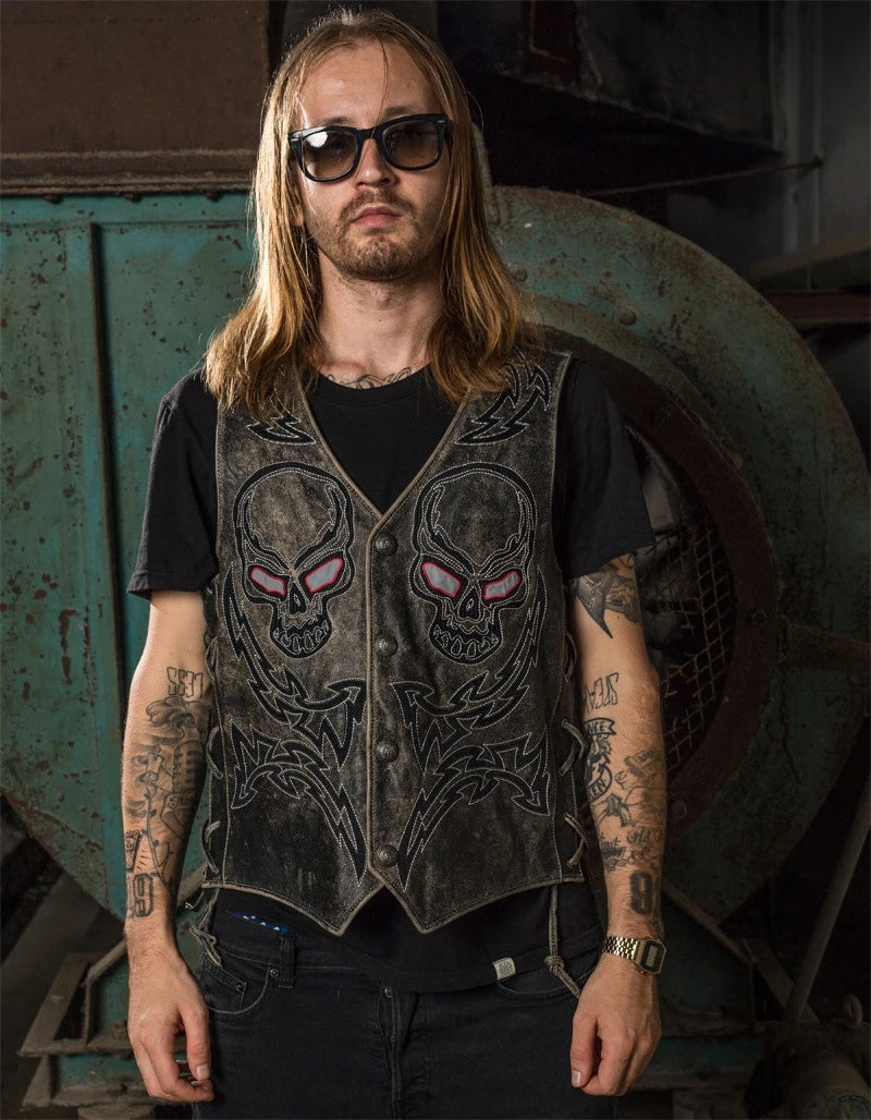 Black Spring Leather Vest Men Skull Embroidery Retro Style Plus Size 5XL Genuine Natural Cowhide Single Breasted Sleeveless Coat