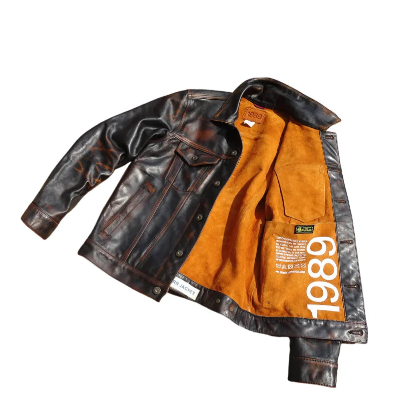 Retro Black Spring Leather Jacket Men Vintage Style American Size Genuine Natural Horsehide Single Breasted Denim Leather Coat