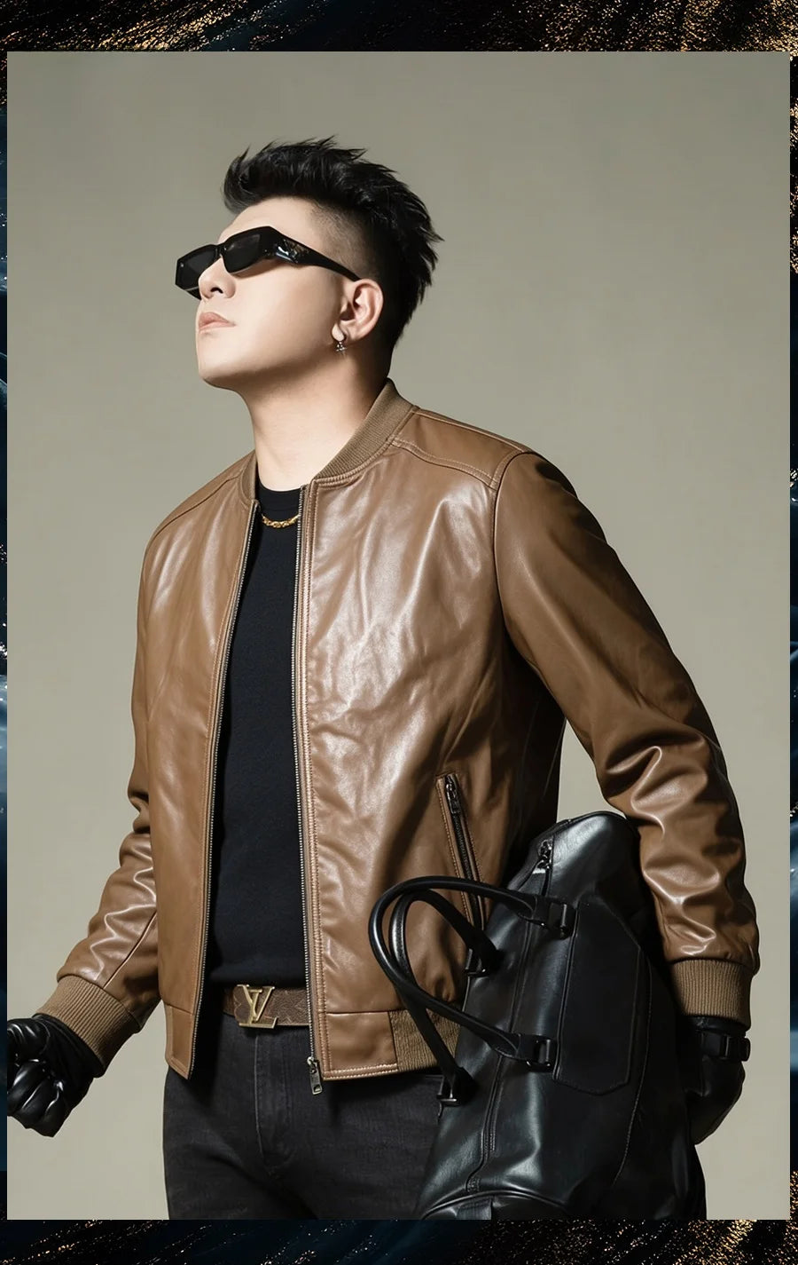 2026 Autumn New Men's Baseball Collar Biker Style Casual Leather Jacket High End Fashion Outerwear Slim Fit Long Sleeve Zipper