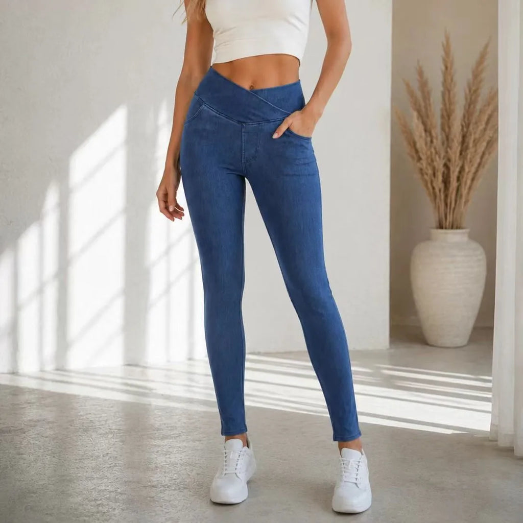 High Elasticity Yoga Jeans Women's Casual Straight Leg Pocket Design Slimming Tight Fit Princess Series Polyester Fiber