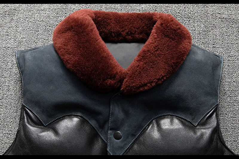 Black Blue Winter Vest Men Retro Style Plus Size 5XL Genuine Natural Sheepskin Wool Collar Single Breasted Spliced Down Vest