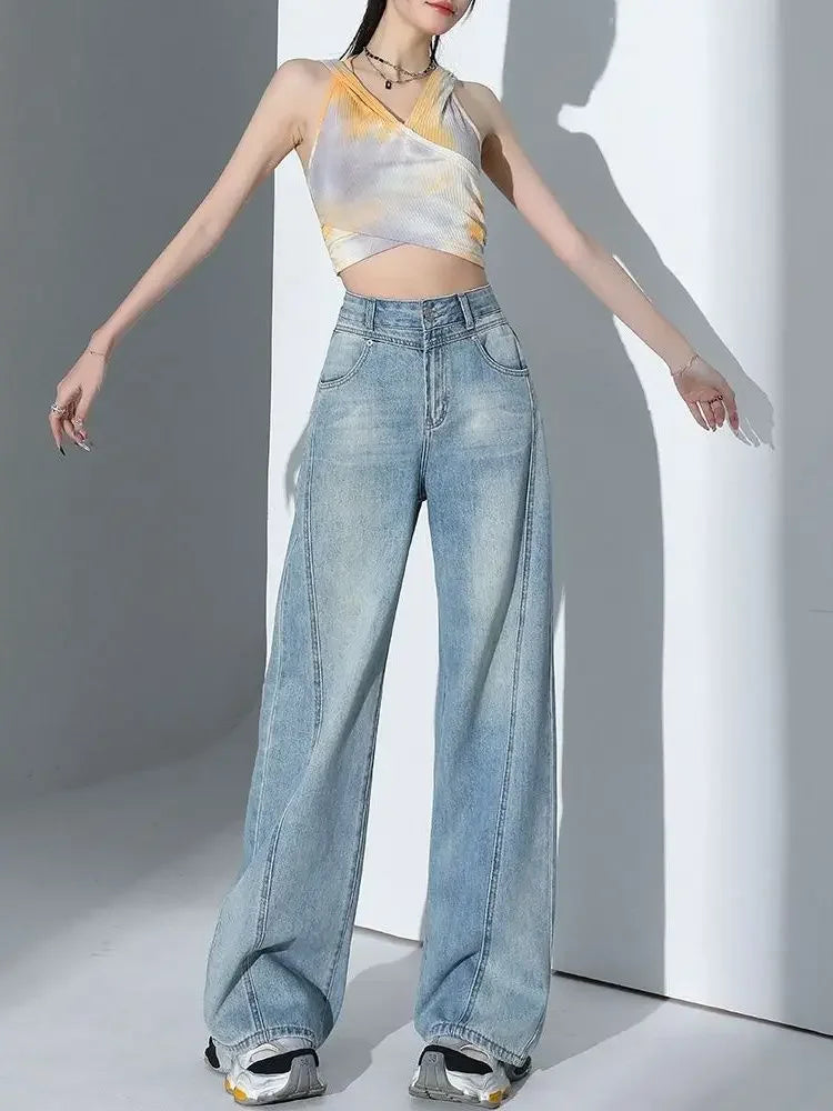 American Style High Waist Loose Women's Blue Jeans Retro Straight Leg Pants Drapey Floor-Length Trousers Versatile Wide Leg Pant