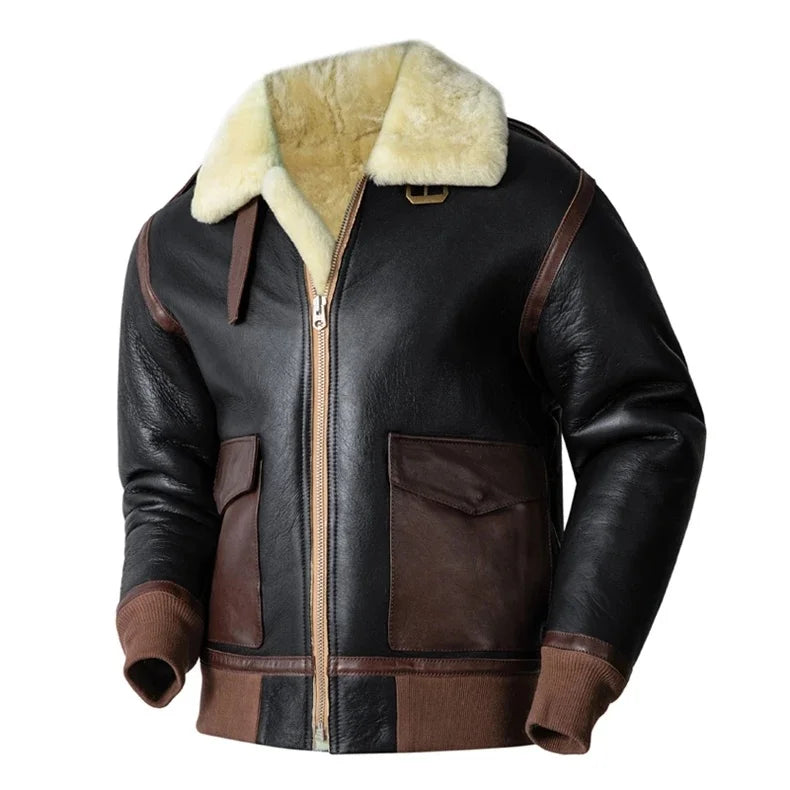Men's Genuine Sheepskin Shearling Jacket A2 Flight Style Black Brown Fur Collar Winter Bomber Pilot Coat Thick Warm Jacket