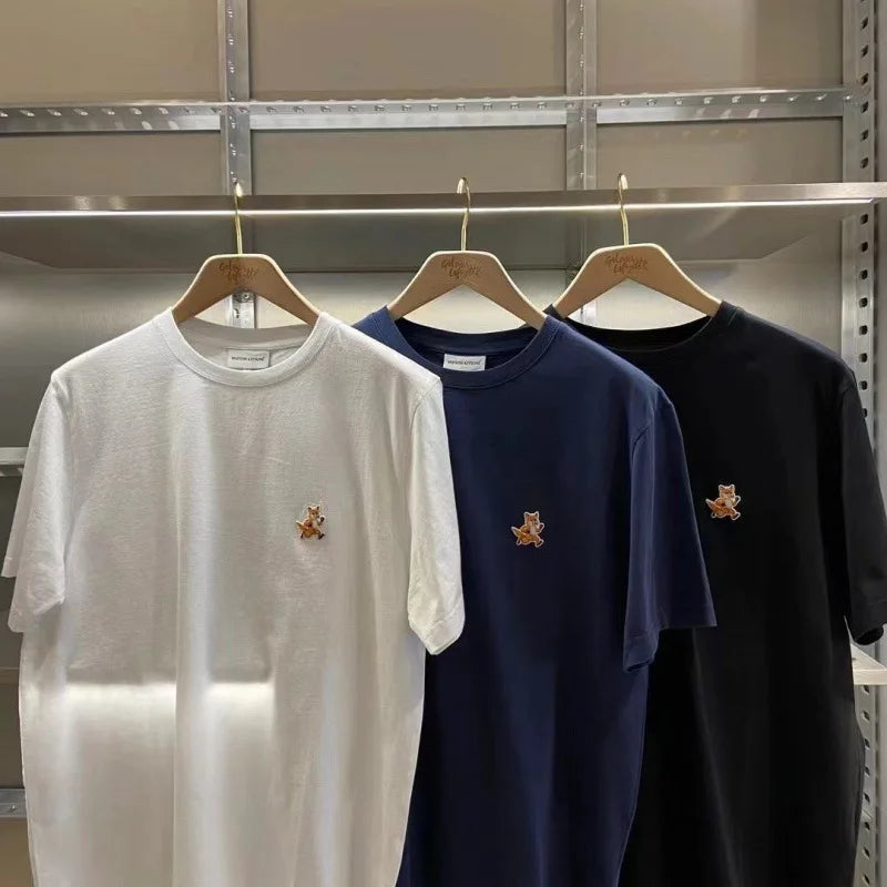 Embroidered Fox round Neck Short Sleeve T-Shirt Cotton Casual Loose Fit Youth Fashion Spring New Arrival Fox Pattern Tee