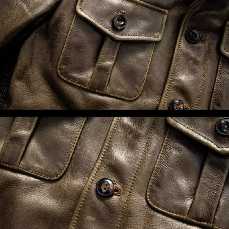 Light Green Autumn Leather Jacket Men Vintage Style Plus Size 4XL Genuine Natural Thick Cowhide Turn-Down Collar P37 Pilot Coat