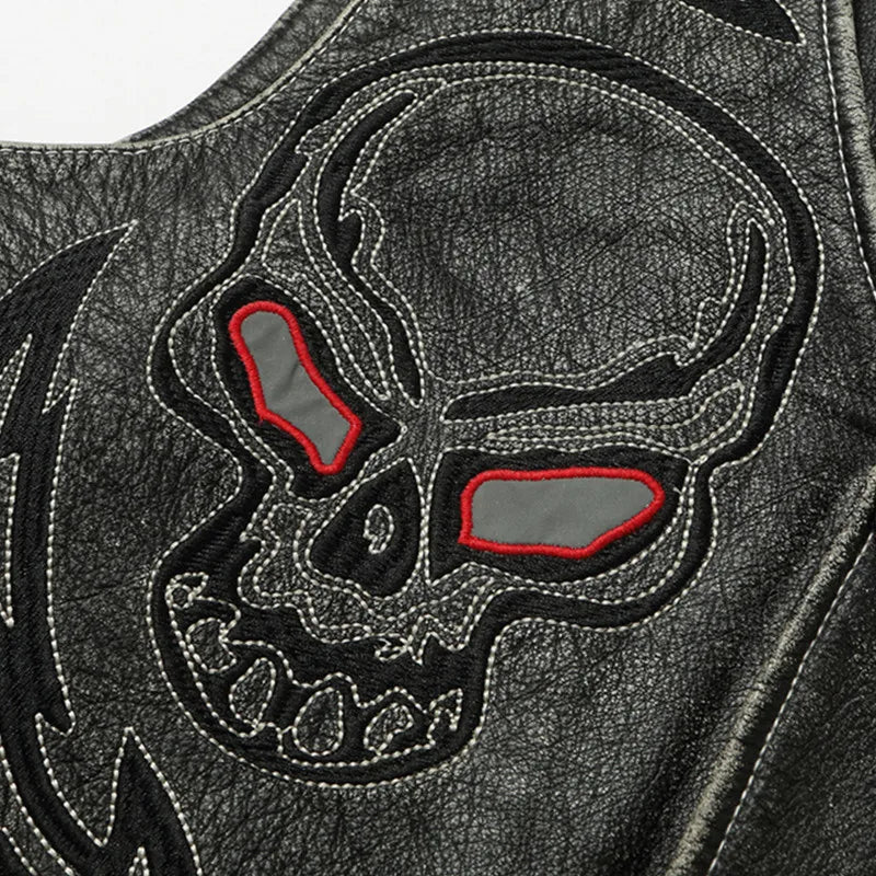 Black Spring Leather Vest Men Skull Embroidery Retro Style Plus Size 5XL Genuine Natural Cowhide Single Breasted Sleeveless Coat