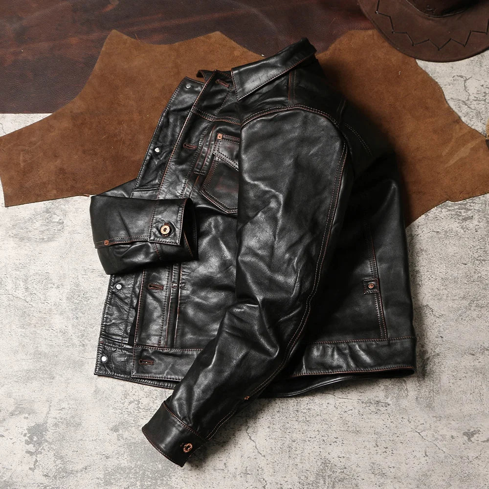 Black Autumn Leather Jacket Men Vintage Style Plus Size 5XL Genuine Natural Cowhide Turn-Down Collar Single Breasted Coat