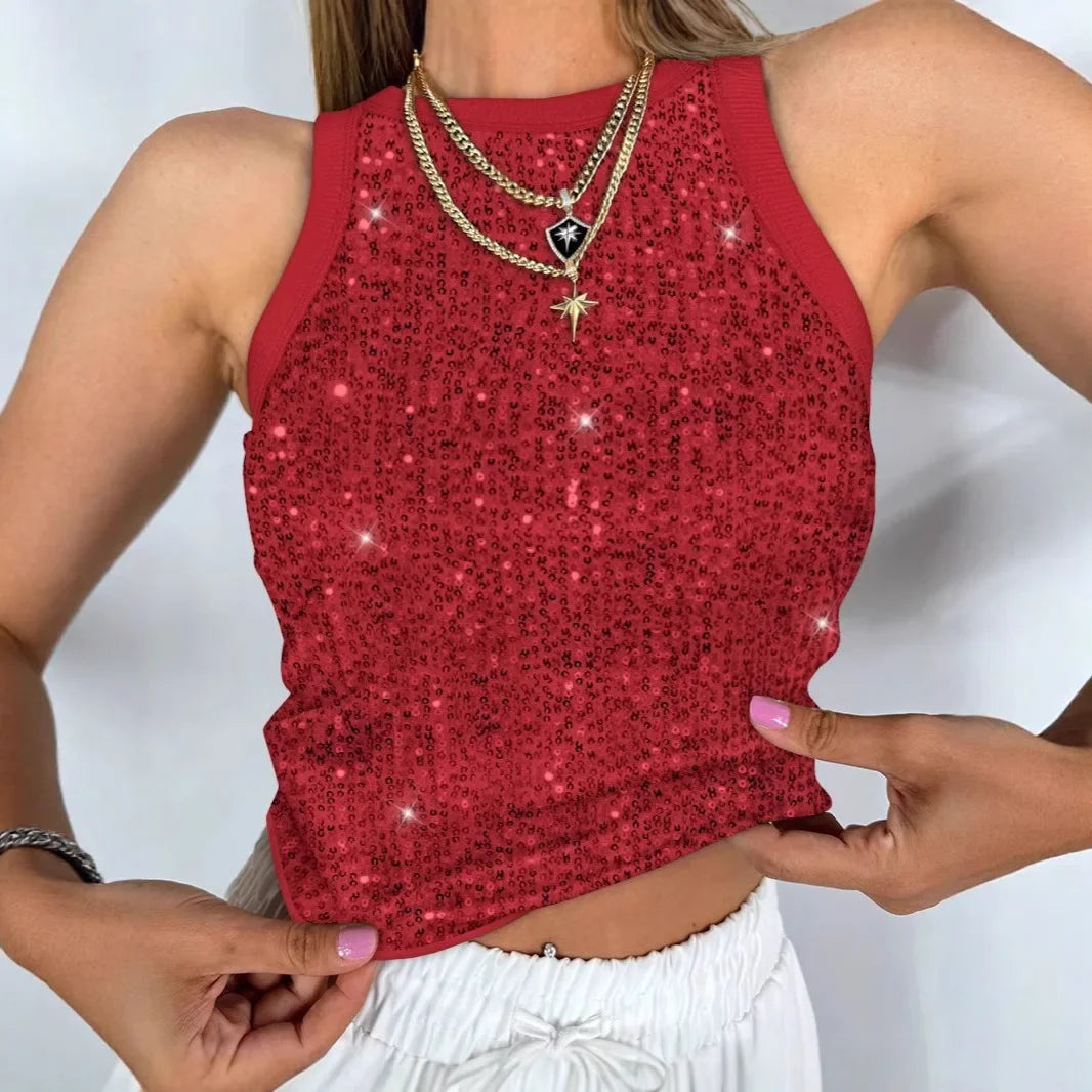 Shiny Sequin Neck Hanging Vest Sexy Street Style Versatile Slim Fit Outerwear Top for Women Flashy Metal Decor Mixed Fabric