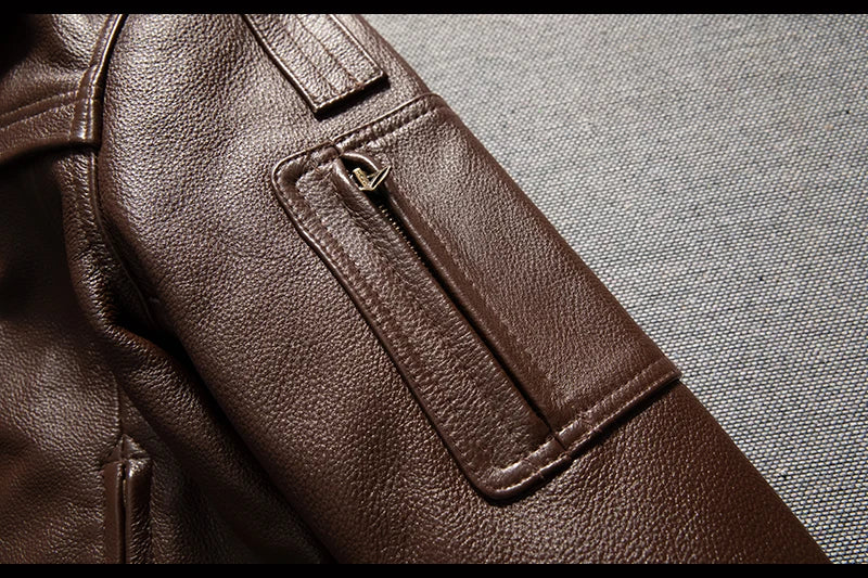 Men's Brown Leather Jacket  Vintage Flight Jacket with Stand Collar, Military Style, Front Zipper, Sleeve Pocket, Ribbed Hem