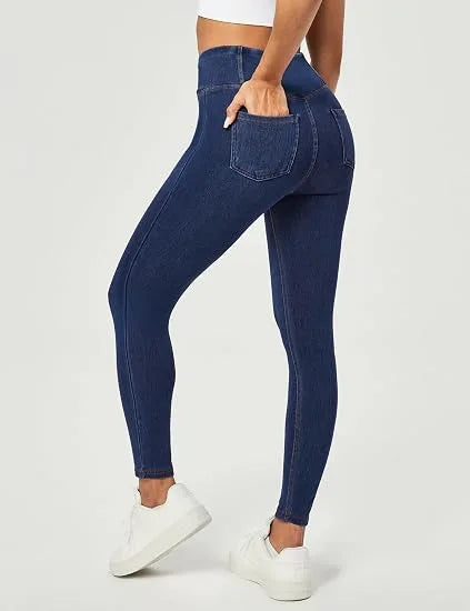 High Elasticity Yoga Jeans Women's Casual Straight Leg Pocket Design Slimming Tight Fit Princess Series Polyester Fiber