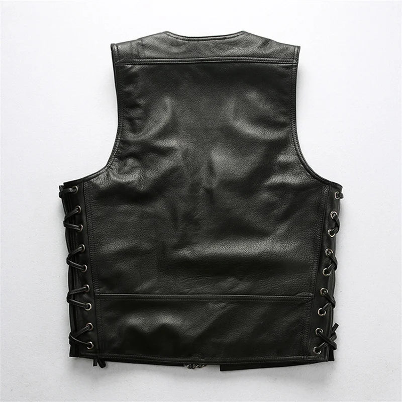 Black Spring Leather Vest Men Sports Style Plus Size 4XL Genuine Natural Cowhide Single Breasted Short Vest