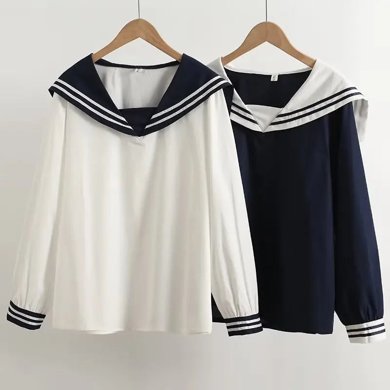 Loose Fit Striped Long Sleeve Crew Neck Women's Shirt Korean Style Navy Theme Autumn Fashion Fresh Sweet College Style