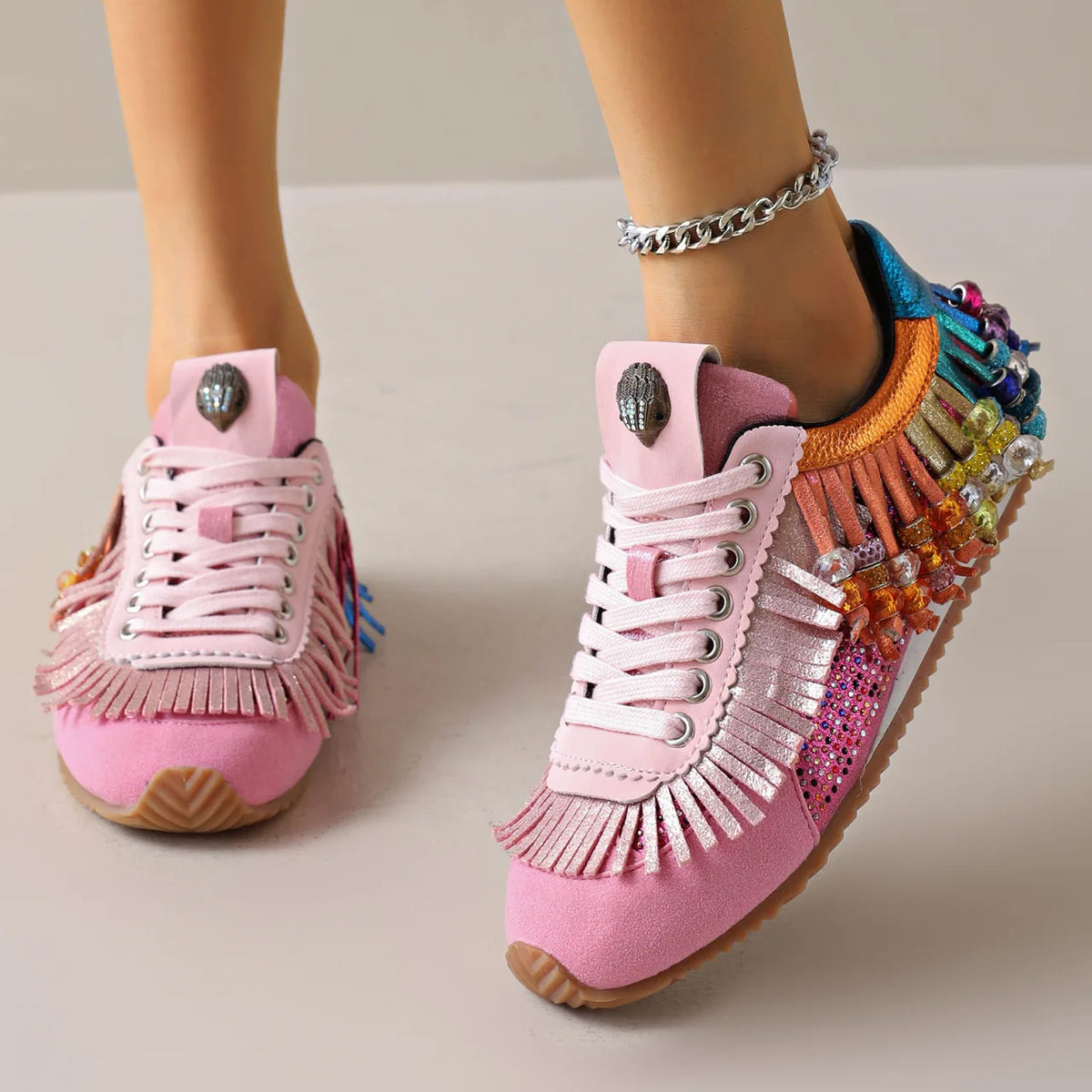 Colorful Tassel Water Diamond Casual Flat Bottom Sport Board Shoes Large Size 2026 New Style Retro Knot Design round Toe