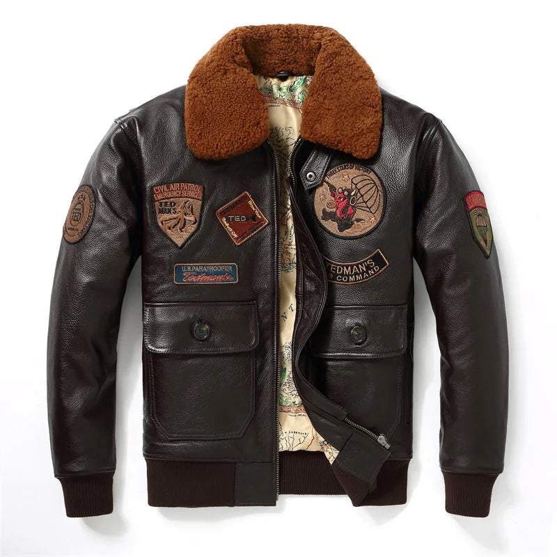 Dark Brown Winter Leather Jacket Men Retro Style Europe Size Genuine Natural Cowhide Turn-Down Collar Military G1 Flight Coat