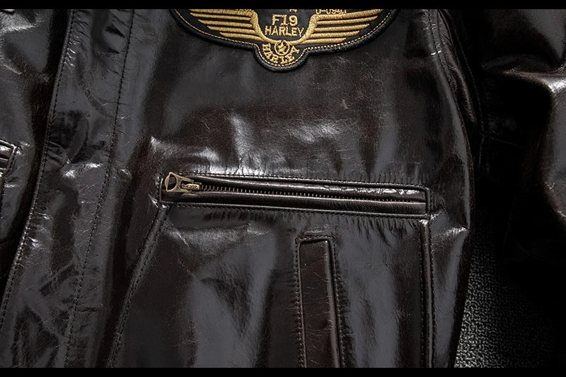 Men's Genuine Leather Military Flight Jacket | Real Leather Embroidered Patches G-1 Bomber Pilot High-Gloss Oil-Wax Brown