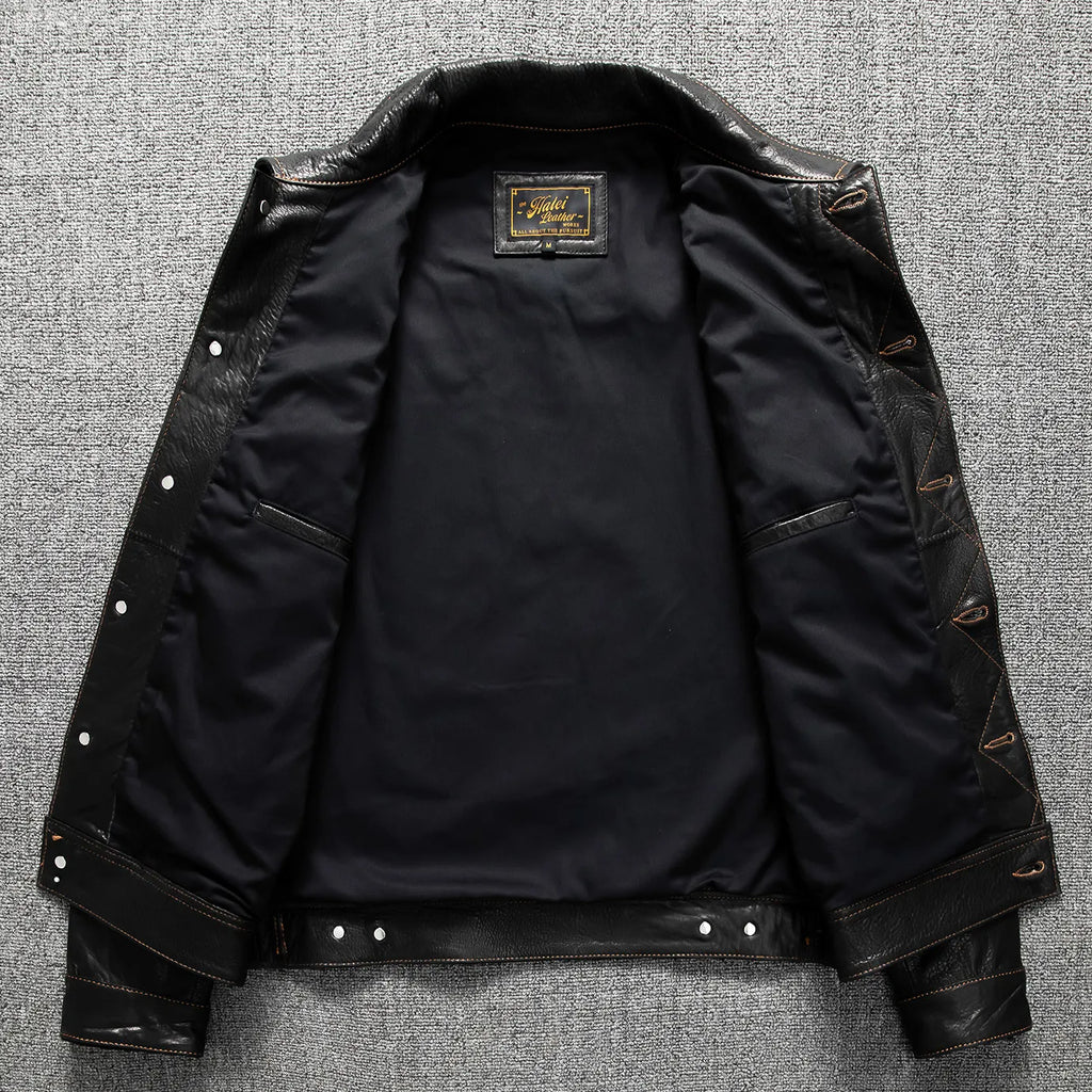 Men's Genuine Sheepskin Leather Trucker Jacket Black Type III Denim Cut Cream Contrast Stitch Brass Snap Short Casual Coat