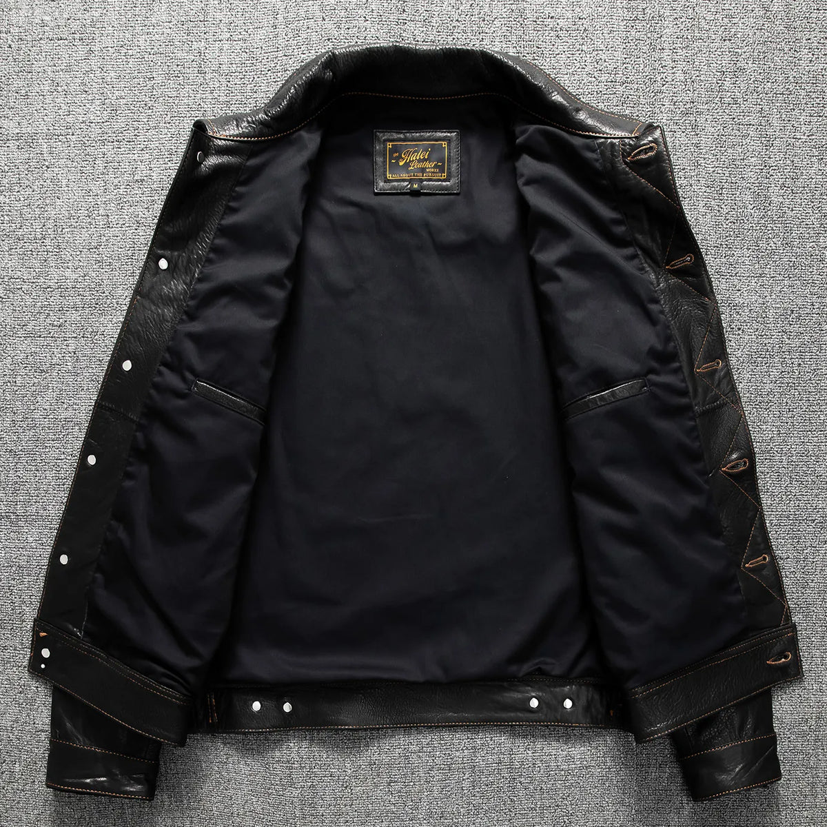 Men's Genuine Sheepskin Leather Trucker Jacket Black Type III Denim Cut Cream Contrast Stitch Brass Snap Short Casual Coat