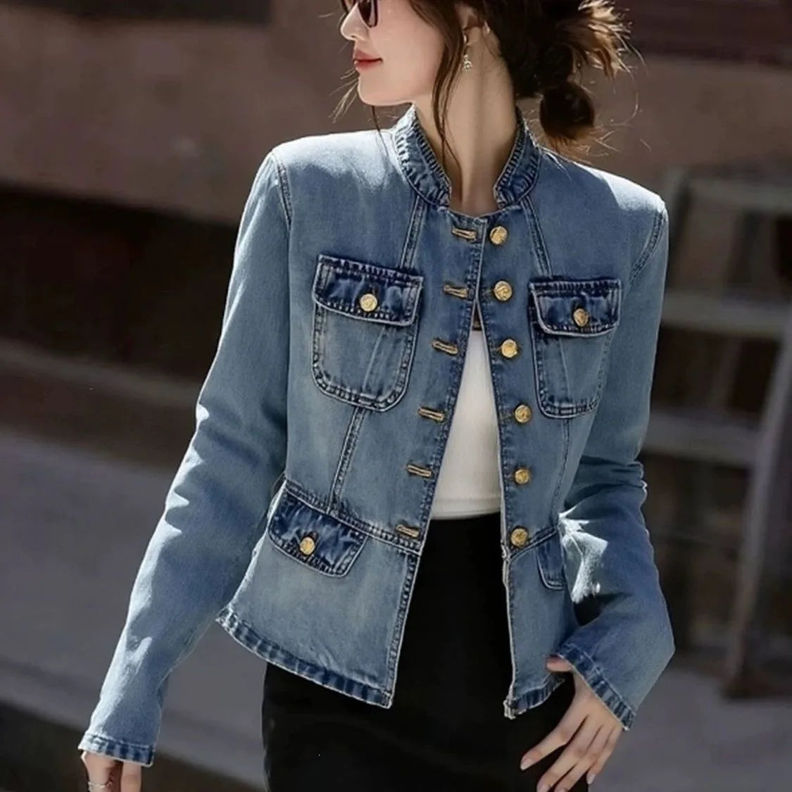 Stylish Unique Blue Denim Jacket Cool And Trendy Korean Style Autumn Winter Casual Long Sleeve Polo Collar Jeans Coat