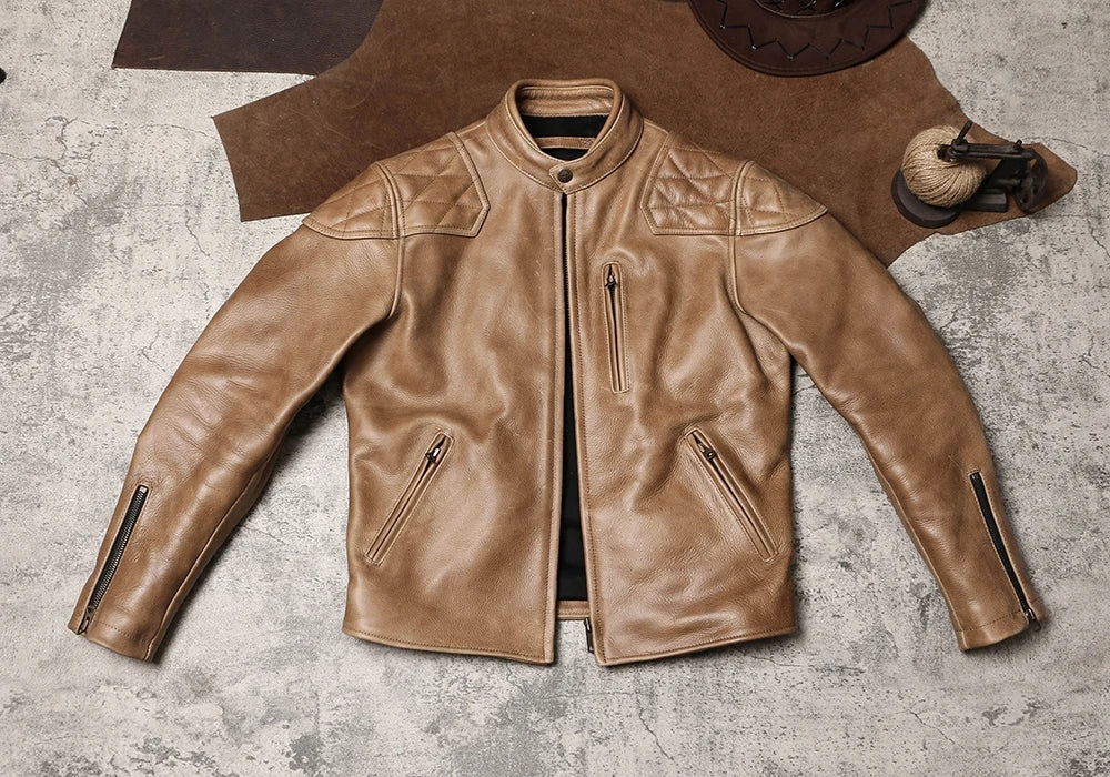 Light Brown Winter Leather Jacket Men Sprots Style Plus Size 5XL Genuine Natural Thick Cowhide Stand Collar Slim Leather Coat