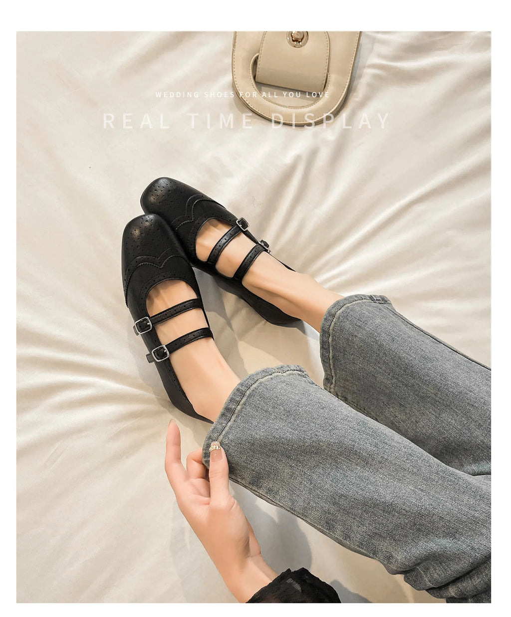 French Style Double Buckle Mary Jane Shoes Women's plus Size Flat Bottom Leather Version Beautiful Carving Spring Summer Autumn