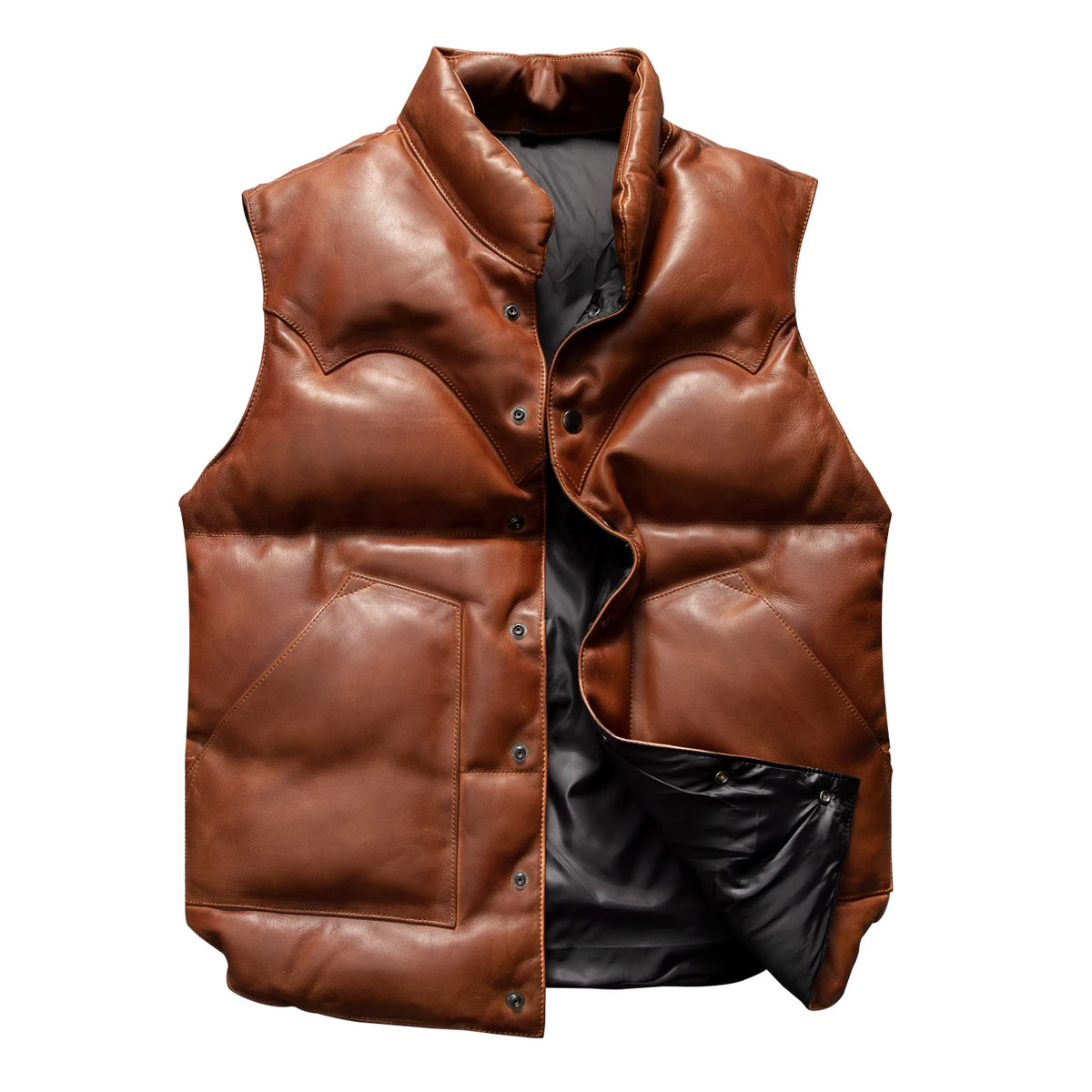 Genuine Natural Sheepskin Stand Collar Single Breasted Vest Brown Winter Leather Down Vest Men Vintage Style Plus Size 5XL