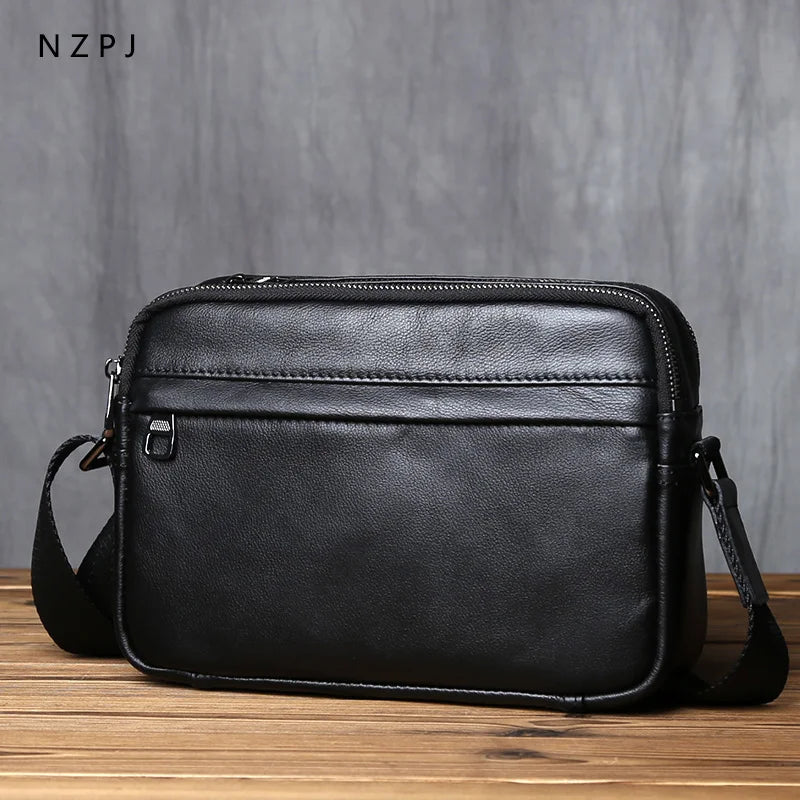 NZPJ Casual Leather Men Shoulder Bag Natural Cowhide Messenger Bag Large Capacity Business Solid Color Backpack for 10-inch Ipad