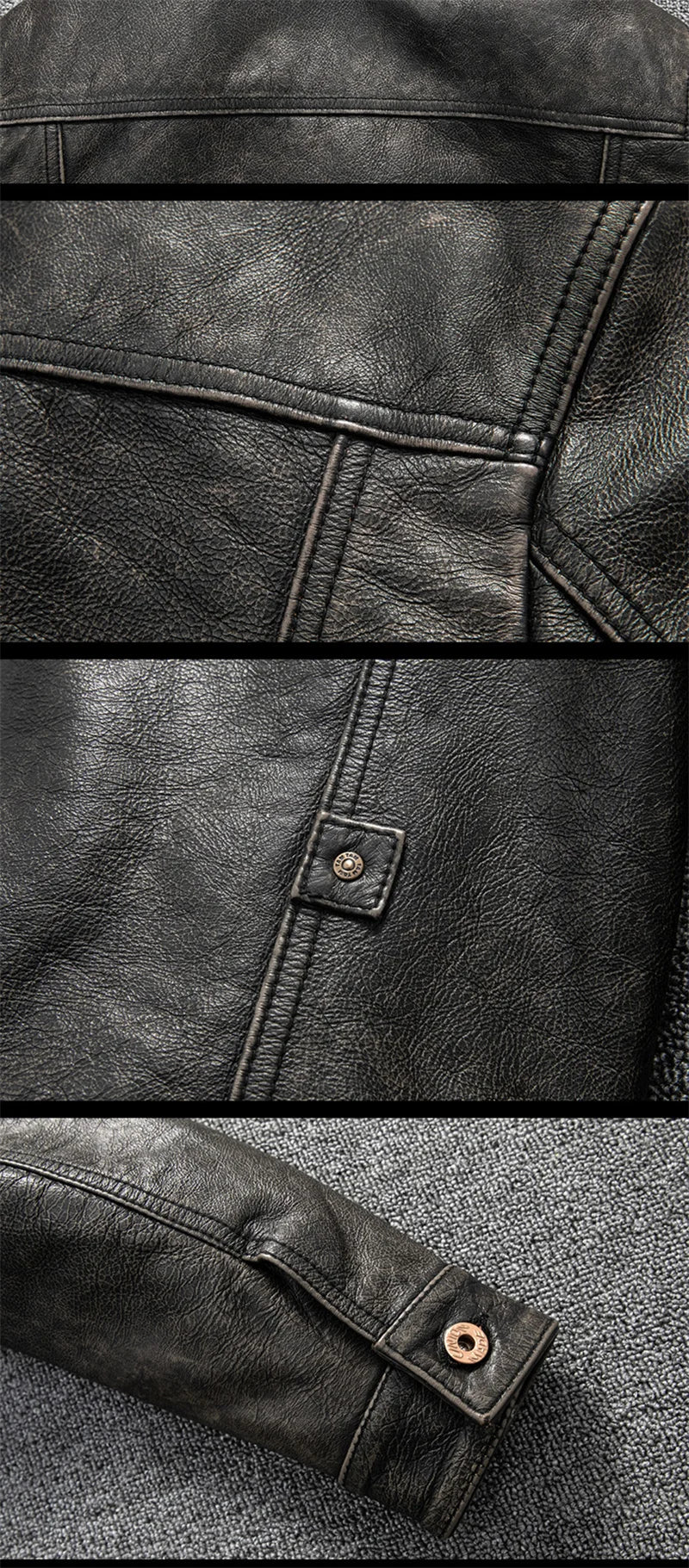 Black Spring Leather Jacket Men Vintage Style Plus Size 5XL Genuine Natural Cowhide Turn-Down Collar Single Breasted Coat