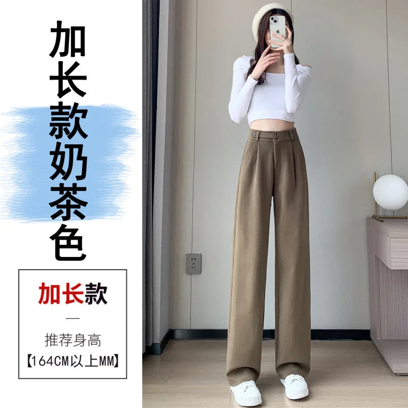 Thickened Fleece Lined Winter Wide Leg Pants High Waist Floor Length Straight Cut Casual Trousers for Women Woolen Suiting