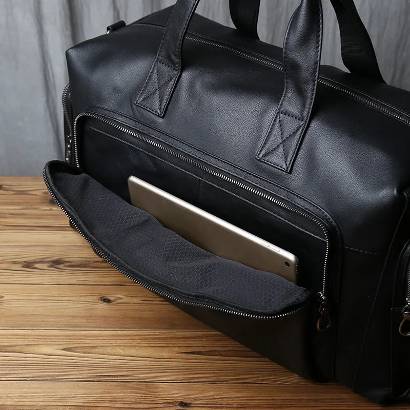 NZPJ Genuine Leather Men's Travel Bag, Casual Top Layer Cowhide Crossbody Bag, Laptop Bag, Large Capacity Luggage Bag Business