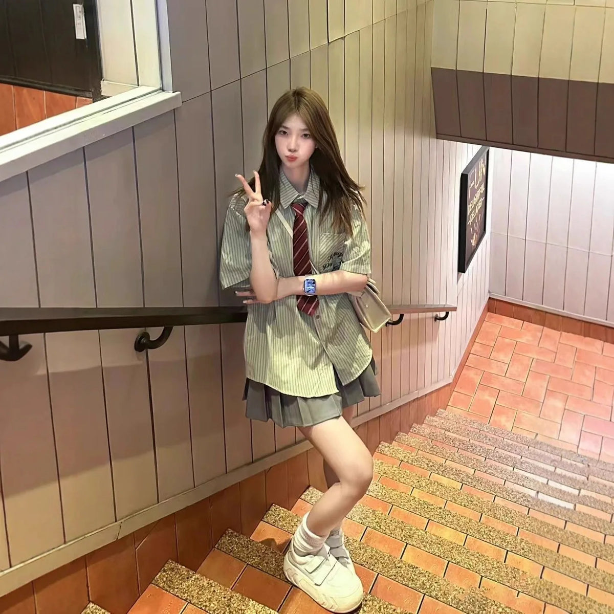 Loose Women's Green Striped Short Sleeve Shirt Korean College Style Summer 2025 Casual Sweet JK Top Polyester Cotton Blend