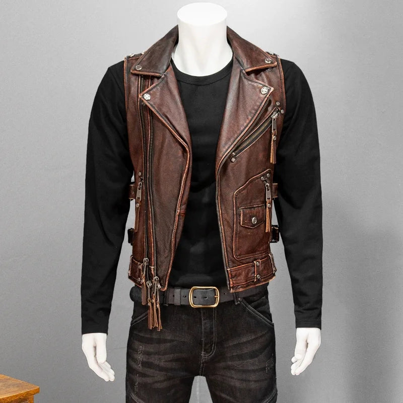 Men Red Brown Leather Biker Vest Vintage Distressed Asymmetrical Zip Sleeveless Jacket Punk Rock Studded Multi-Pocket Waistcoat