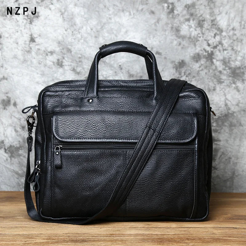 Fashion Leather Men Briefcase Top Layer Cowhide Business Handbag Casual Shoulder Messenger Bag for 15 Inch Laptop Bag NZPJ