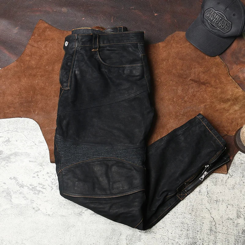 Black Spring Leather Trousers Men Retro Style Plus Size 4XL Genuine Natural Sheepskin Add Protection Device Motorcycle Pants