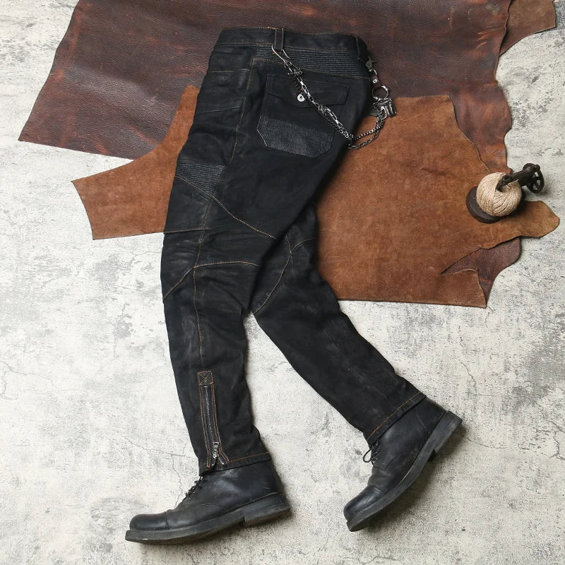 Black Spring Leather Trousers Men Retro Style Plus Size 4XL Genuine Natural Sheepskin Add Protection Device Motorcycle Pants