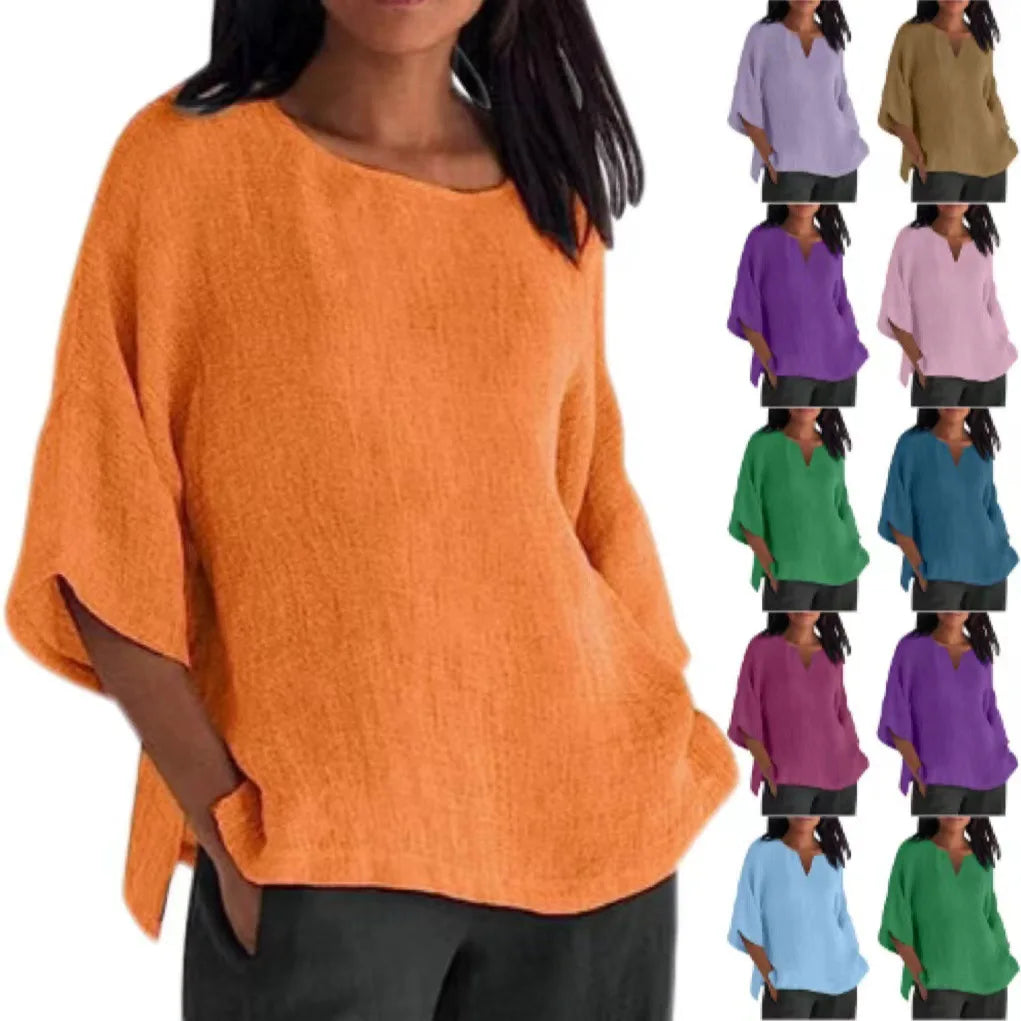 Hot Sale Of The Seasonwish Eaby Women's Cotton Linen Shirt round Neck Short Sleeve 25 Colors Casual Loose Fit Street Style Su...