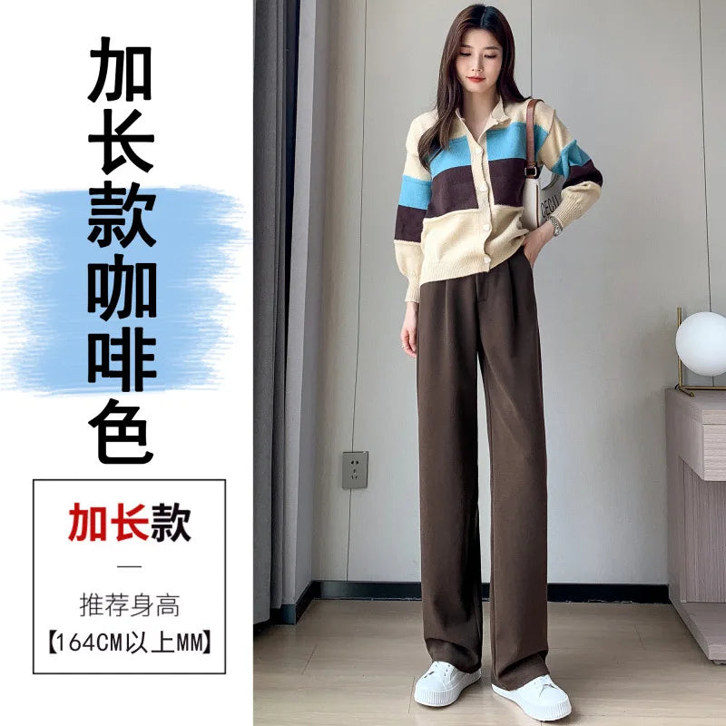 Thickened Fleece Lined Winter Wide Leg Pants High Waist Floor Length Straight Cut Casual Trousers for Women Woolen Suiting