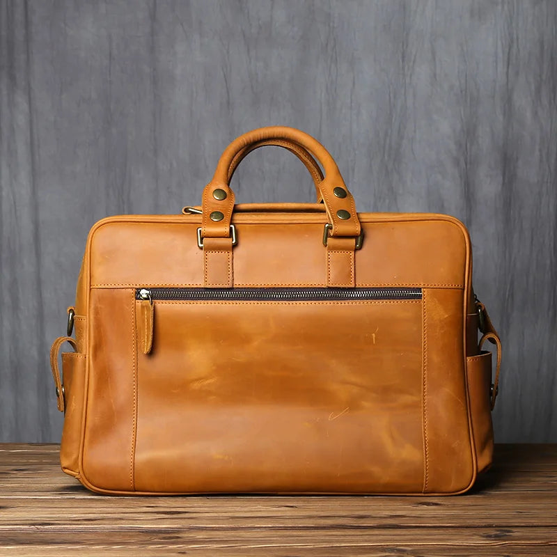 Retro Men's Leather Handbag Top Layer Cowhide Briefcase Large Capacity Travel Bag Crazy Horse Leather Laptop Shoulder Bag NZPJ