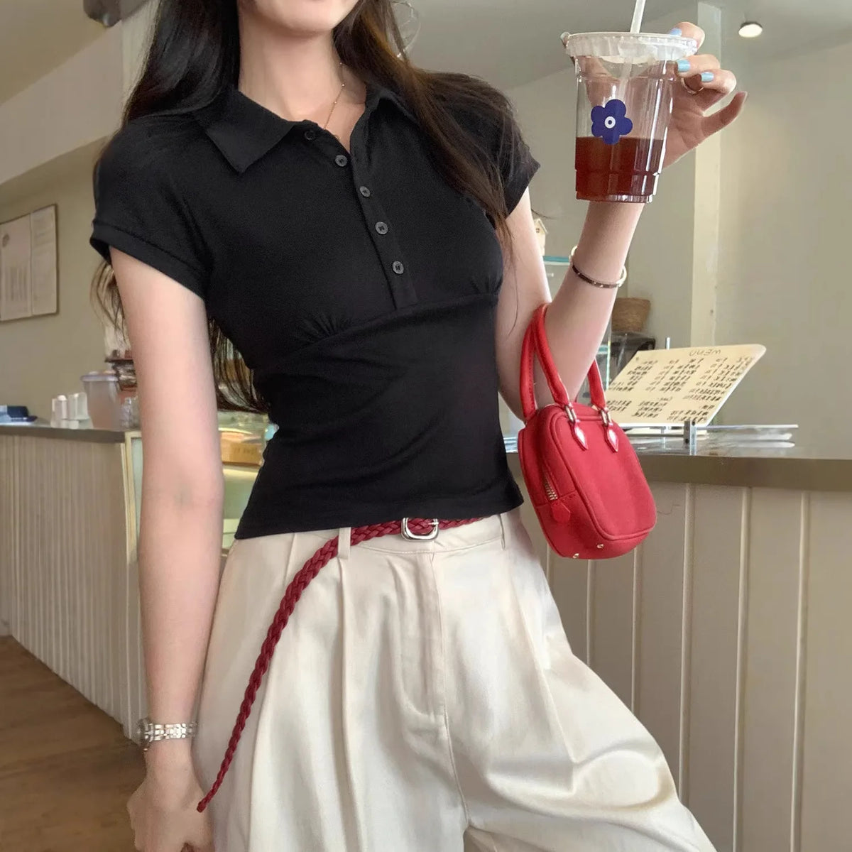 American Style Collared Short Sleeve T-Shirt Women Summer Slim Fit Flattering Short Length Fashionable Casual Commute Wear