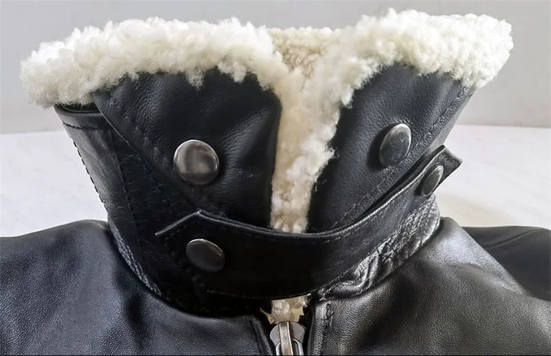 Black Winter Leather Jacket Men Retro Style Europe Size Genuine Natural Thick Sheepskin Turn-Down Collar Military G1 Flight Coat