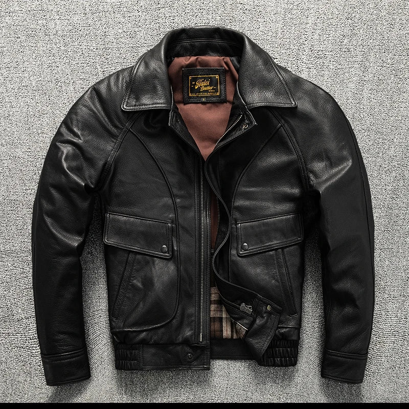 Black Winter Leather Jacket Men Retro Style Plus Size 5XL Genuine Natural Sheepskin Turn-down Collar Loose Casual Leather Coat